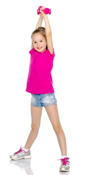 A cute little girl doing exercises with dumbbells. The concept of strength, health and sport. Isolated on white background.