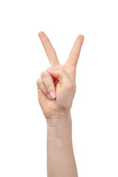 Female hand showing two fingers isolated on white background