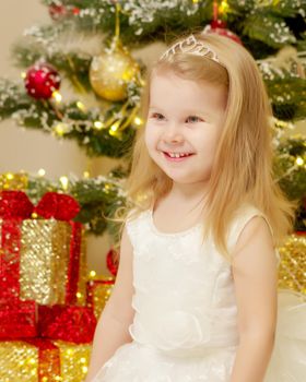 Beautiful little girl near the Christmas tree. The concept of family holidays, children's emotions.