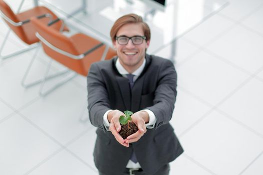 top view.young businessman showing green sprout