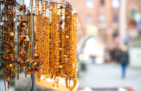 Amber beads for sale on an outdoor in Gdansk. Poland