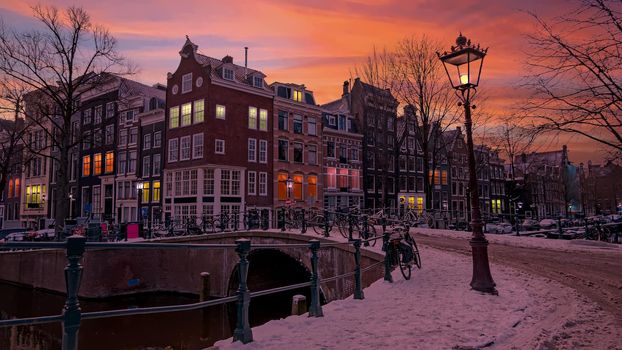 City scenic from snowy Amsterdam in the Netherlands