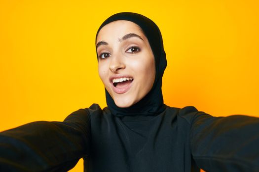 arab woman fun ethnicity model posing emotions studio lifestyle. High quality photo