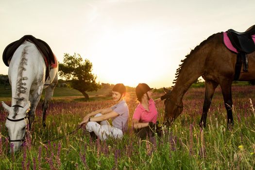 Two woman and two horses outdoor in summer happy sunset together nature. Taking care of animals, love and friendship concept.