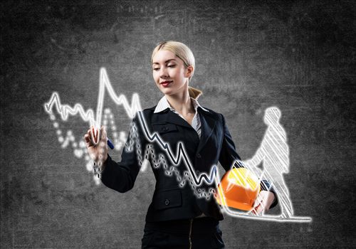 Business lady drawing success graph of professional career. Strategy planning and development of personal growth. HR specialist in business suit with safety helmet. Recruitment agency assistance.