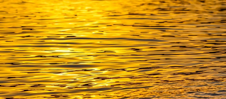 Golden sea waves in sunset glow as surface background. Summer holidays and coastal nature concept