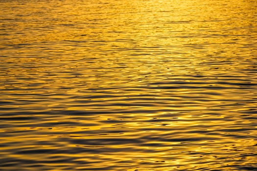 Golden sea waves in sunset glow as surface background. Summer holidays and coastal nature concept