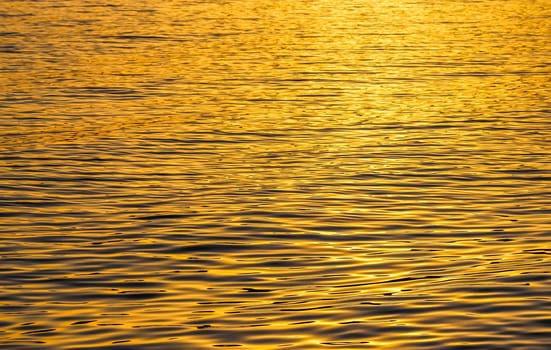 Golden sea waves in sunset glow as surface background. Summer holidays and coastal nature concept