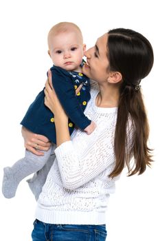 Young mother and little daughter gently embrace. The concept of Happy Childhood, Family Happiness, Raising a Child. Isolated on white background.