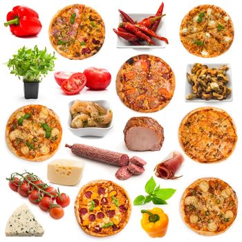 collage pizza and food ingredients for its preparation on a white background