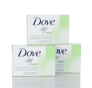 IRVINE, CA - May 19, 2014: 3 boxes of Dove Go Fresh Beauty Bar. Dove, a personal care brand owned by Unilever, makes lotions, deodorants, body washes and hair care products.