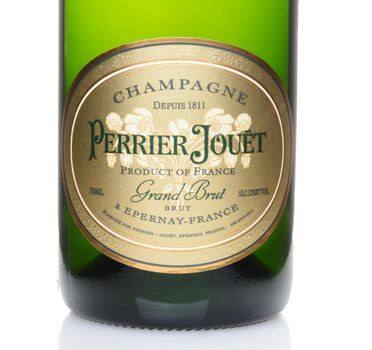 IRVINE, CA – February 10, 2014: A bottle of Perrier Jouet Champagne. Founded in 1811 they are based in the Epernay region of Champagne, France