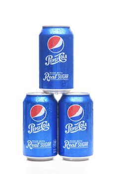 IRVINE, CALIFORNIA - MAY 23, 2018: Three cans of Pepsi-Cola Made with Real Sugar. Formerly called Throwback, it is a brand of soft drink sold by PepsiCo.
