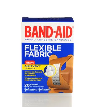 IRVINE, CA - January 21, 2013: 20 count box of Band-Aid Brand Ashesive Bandages, Flexible Fabric. The Band-Aid was invented in 1920 by Johnson & Johnson employee Earle Dickson.