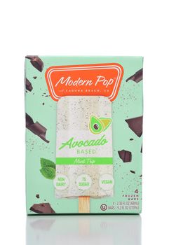 IRVINE, CALIFORNIA - 12 NOV 2020: A package of Modern Pop an Avocado based non-dairy, vegan Frozen Pop. 