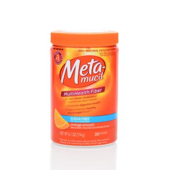 IRVINE, CA - JUNE 23, 2014: A 6 ounce container of Meta-Mucil orange flavored fiber powder. Meta-Mucil is a 100% natural Psyllium Husk daily fiber supplement, from Procter and Gamble.