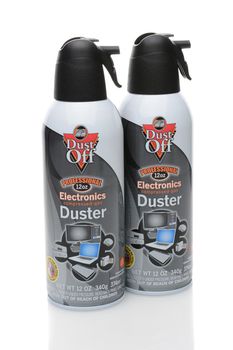IRVINE, CA - DECEMBER 29, 2014: Two cans of Dust-Off cleaner. From Falcon it contains difluoroethane and is used to remove particulates and dust from computers and electronic equipment. 