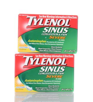 IRVINE, CA - January 05, 2014: Two boxes of 24 count Tylenol Sinus Daytime Caplets. Tylenol products are produced by McNeil Consumer Healthcare Division of McNEIL-PPC, Inc.