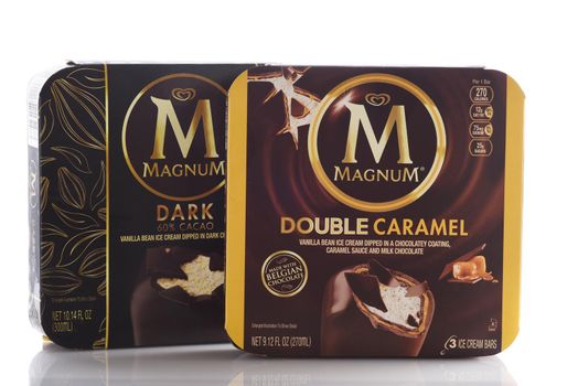 IRVINE, CALIFORNIA - MAY 6, 2019: Two boxes of Magnum Dark Chocolate and Double Caramel Ice Cream Bars. Launched in Sweden in 1989 as an upscale ice cream owned by Unilever.