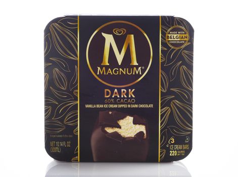 IRVINE, CALIFORNIA - MAY 6, 2019: A box of Magnum Dark Chocolate Ice Cream Bars. Launched in Sweden in 1989 as an upscale ice cream for the Nogger brand, now owned by Unilever.