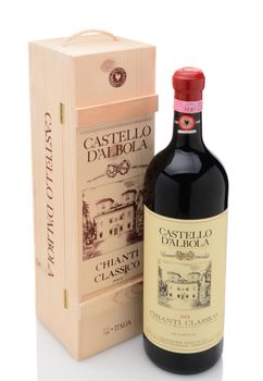 IRVINE, CA - DECEMBER 29, 2014: A 3 liter bottle of Castello D 'Albola Chianti Classico. The Italian estate has over 150 hectares of vineyard and over 4000 olive trees.