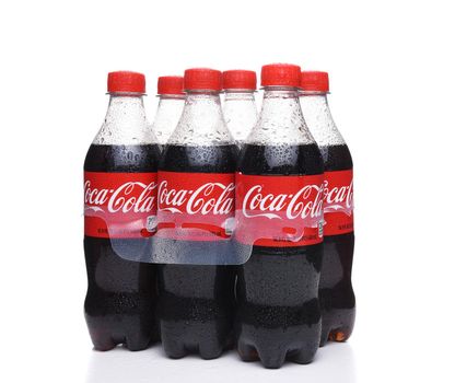 IRVINE, CALIFORNIA - AUGUST 21, 2017:  Six Pack Coca-Cola with Condensation. Coke is one of the most popular soft drinks in the world.