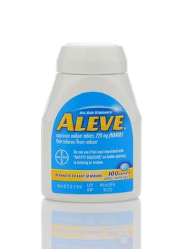 IRVINE, CALIFORNIA - MAY 22, 2019:  A bottle of Aleve Caplets, a Naproxen Sodium pain reliever from Bayer.