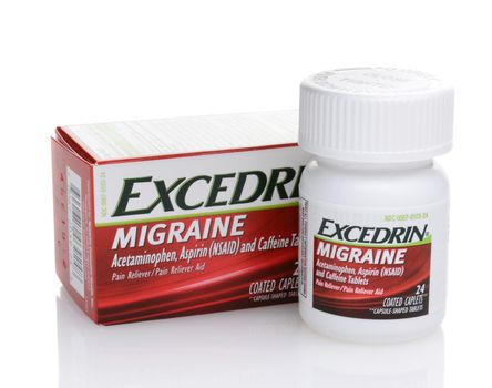 IRVINE, CA - JUNE 23, 2014: A Bottle and box of Excedrin Migraine Pain Reliever.  Excedrin was the first migraine headache medication available to consumers without a prescription.