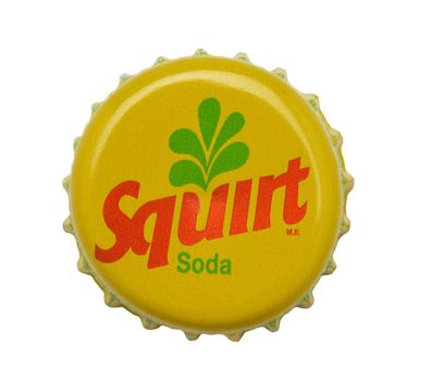 IRVINE, CALIFORNIA - 4 JUNE 2020: Closeup of a Squirt Soda beer bottle cap on white.