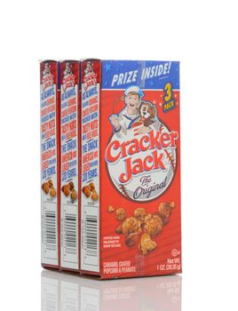 IRVINE, CALIFORNIA - MAY 23, 2019:  A pack of Cracker Jack. The brand registered in 1896, is a snack consisting of molasses flavored, candy coated, popcorn and peanuts.