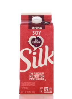 IRVINE, CALIFORNIA - APRIL 16, 2019: A 64oz carton Silk Soy Milk. Silk was founded by Steve Demos in Boulder, Colorado in 1978