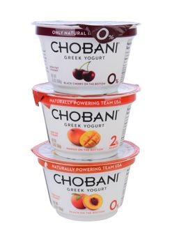 IRVINE, CA - MAY 20, 2014: 3 cups of Chobani Greek Yogurt. Chobani is an American brand launched in 2007 and has become one of the world's leading yougurt manufacturers.