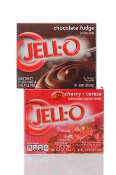 IRVINE, CALIFORNIA - MAY 22, 2019:  A box of Jell-O Cherry Flavored Gelatin and Chocolate Pudding. 