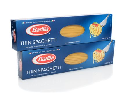IRVINE, CA - SEPTEMBER 15, 2014: Two boxes of Barilla Thin Spaghetti. The company was founded in 1877 in Ponte Taro, near Parma, Italy.