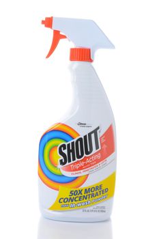 IRVINE, CA - AUGUST 15, 2016: A spray bottle of Shout Triple Acting Stain Remover. The laundry pre-wash is from SC Johnson. 