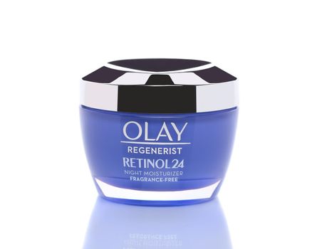 IRVINE, CALIFORNIA - 8 APRIL 2020: A jar of Olay Regenerist Retinol24 night moisturizer face cream. 