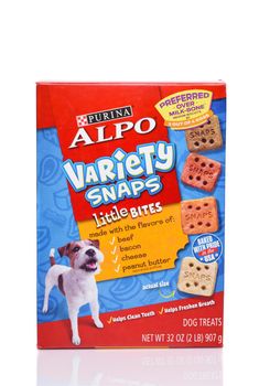 IRVINE, CALIFORNIA - 4 OCT 2019: A box of Purina Alpo Variety Snaps little bites dog treats.