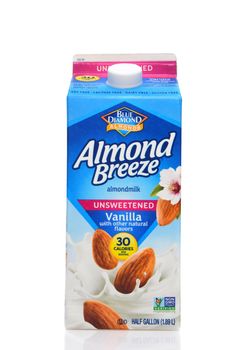 IRVINE, CALIFORNIA - AUGUST 14, 2019: A carton of Blue Diamond Almond Breeze Almondmilk Vanilla.