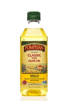 IRVINE, CALIFORNIA - APRIL 15, 22019: Pompeian Olive Oil.  The oil is naturally Cholesterol free and Non-GMO.