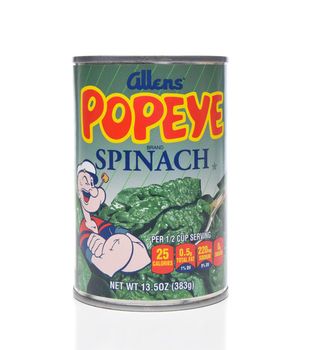 IRVINE, CALIFORNIA - APRIL 5, 2018: A can of Allens Popeye Spinach. Allens produces a line of the canned vegetable using the popular cartoon character known for his love of Spinach.