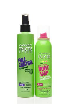 IRVINE, CALIFORNIA - AUGUST 20, 2019:  A bottle of Garnier Fructis Full Control Hairspray, and a can of Garnier Fructis Root Amp Spray Mousse. 