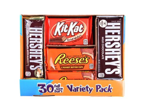 IRVINE, CALIFORNIA - OCTOBER 27, 2017: Boxed assortment of Hersheys Candy Bars. The 30 bar variety pack is rolled out for Halloween.