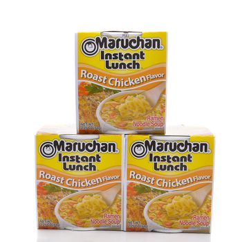 IRVINE, CALIFORNIA - MARCH 10,  2018: Maruchan Instant Lunch Roast Chicken Flavor, Maruchan began making the popular instant lunch in 1961.