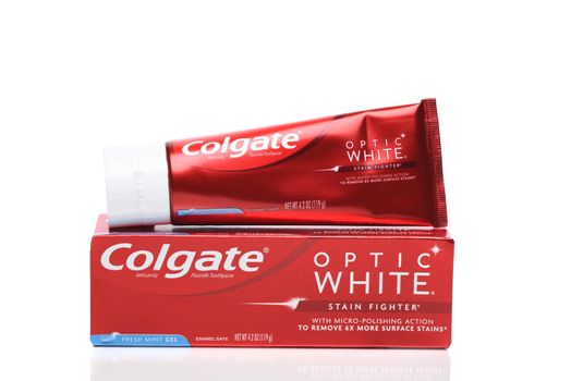 IRVINE, CALIFORNIA - 16 MARCH 2020:  A tube of Colgate Optic White Stain Fighter Toothpaste. 