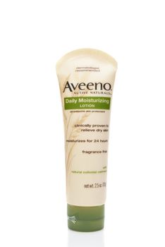 IRVINE, CALIFORNIA - AUGUST 20, 2019: A 2.5 ounce plastic botttle of Aveeno Daily Moisturizing Lotion. 