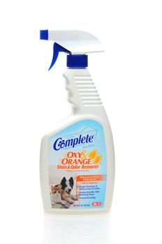IRVINE, CALIFORNIA - 31 JAN 2011: Single 24oz bottle of Complete for Pets Oxy & Orange Stain & Odor Remover on a white background.