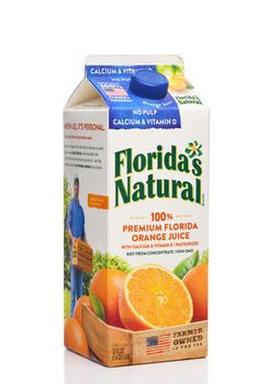 IRVINE, CALIFORNIA - 09 AUG 2020: A carton of Floridas Natural Orange Juice, No Pulp with Calcium and Vitamin D. 