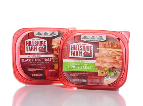 IRVINE, CALIFORNIA - 12 NOV 2020: Two Packages of Hillshire Farm Lunch Meats, Black Forest Ham and Oven Roasted Turkey Breast.