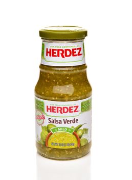 IRVINE, CALFORNIA - FEBRUARY 17, 2019:  A 16 ounce jar of Herdez Salsa Verde. herdez in one of the top slasa brands oin Mexico.