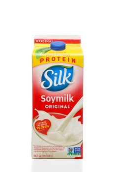 IRVINE, CALIFORNIA - APRIL 5, 2018: A Carton of Silk Soy Milk, Silk was founded by Steve Demos in Boulder, Colorado in 1978.